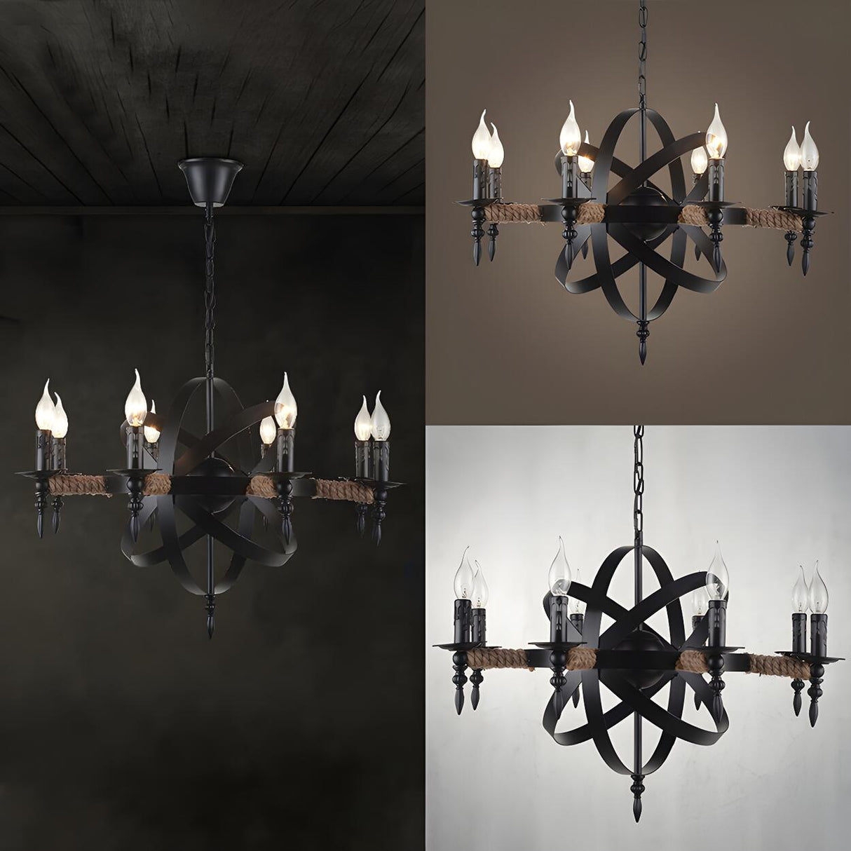 Farmhouse Black Metal Orbit Cage Candle Chandelier Image - 3