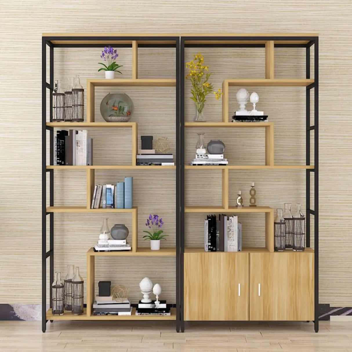 Fashion Metal Frame Open Wood Shelf Display Bookshelf Image - 1