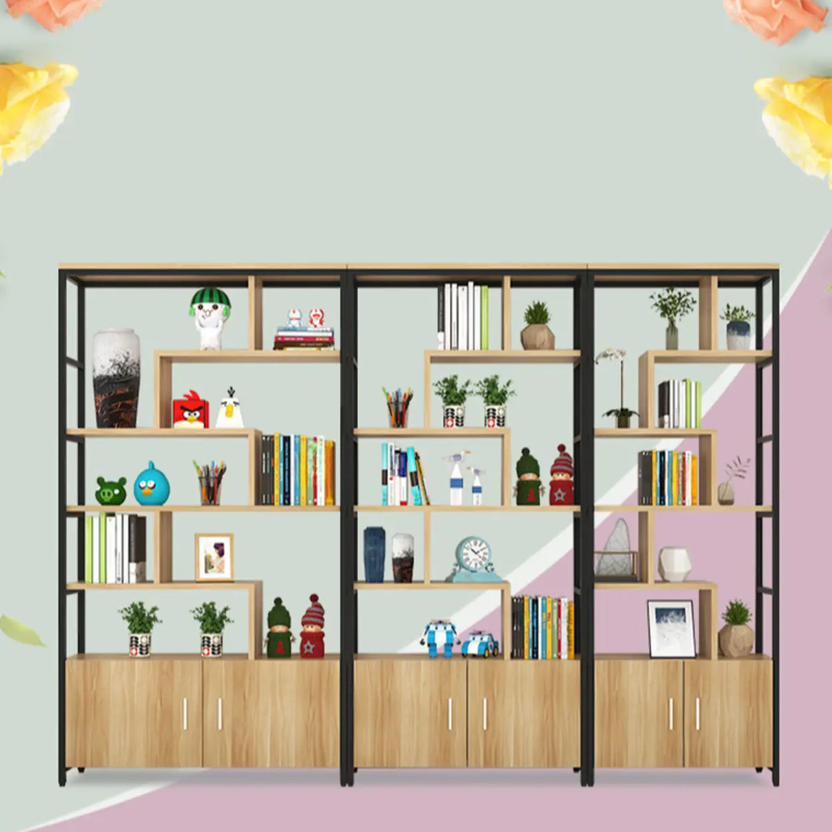 Fashion Metal Frame Open Wood Shelf Display Bookshelf Image - 10