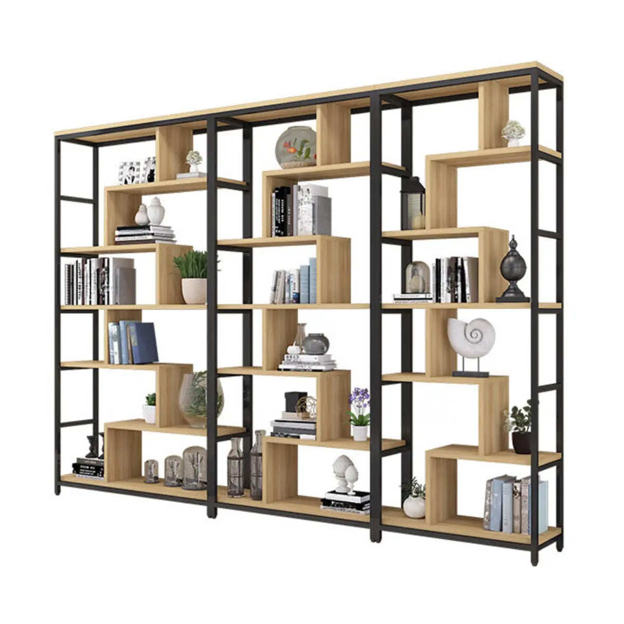 Fashion Metal Frame Open Wood Shelf Display Bookshelf Image - 3