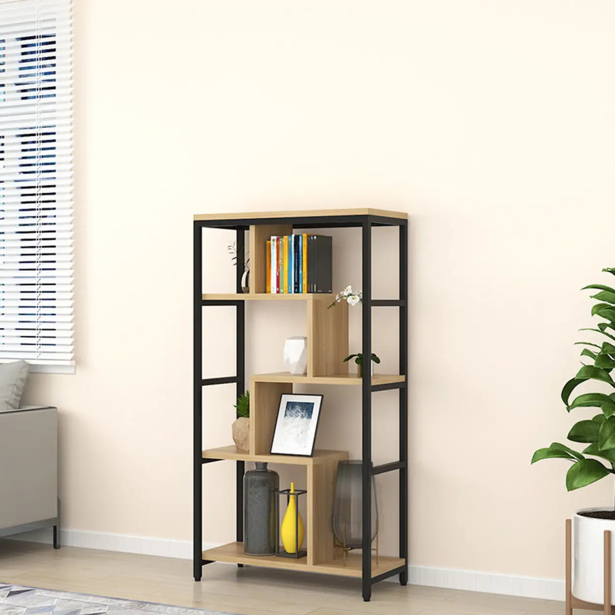 Fashion Metal Frame Open Wood Shelf Display Bookshelf Image - 5