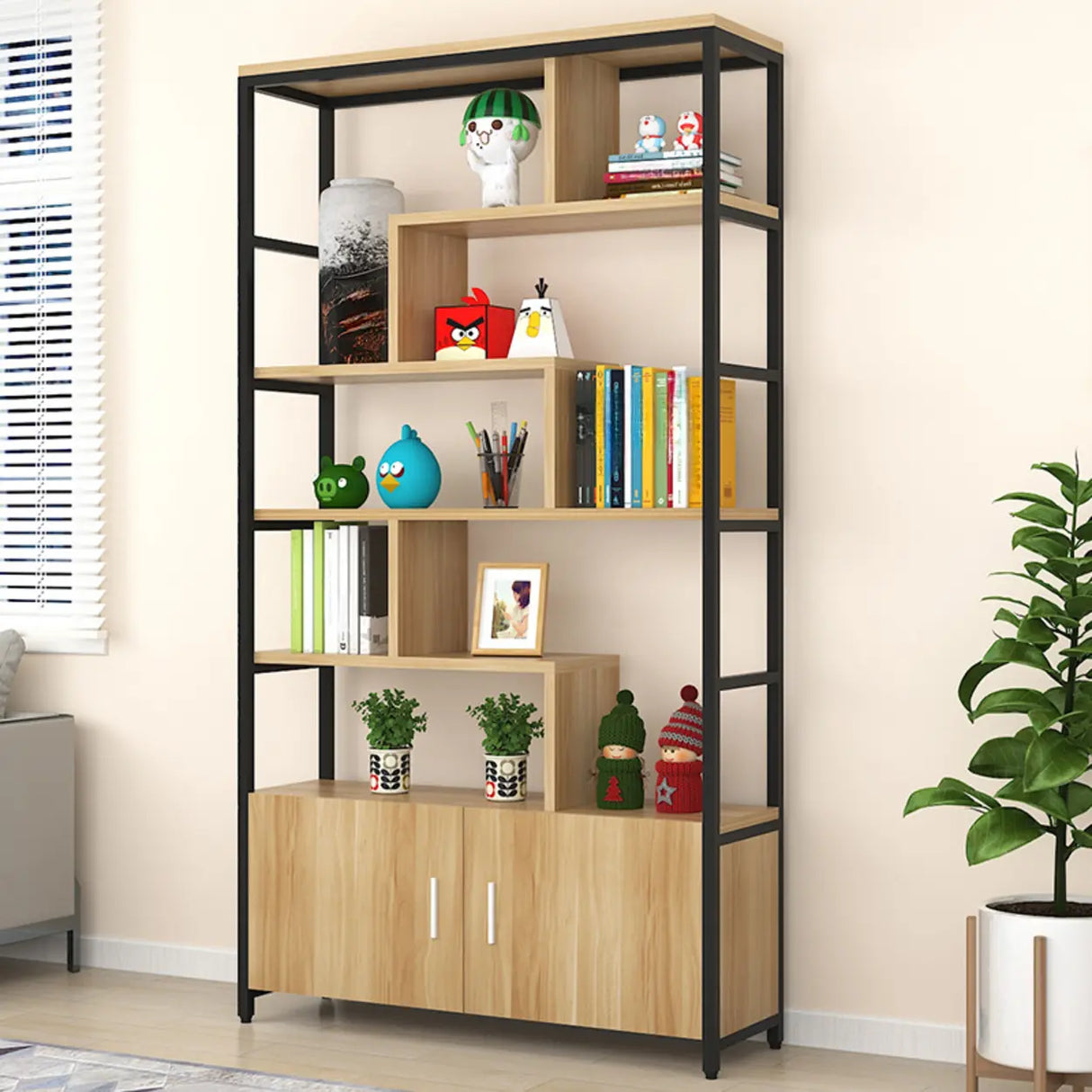 Fashion Metal Frame Open Wood Shelf Display Bookshelf Image - 6