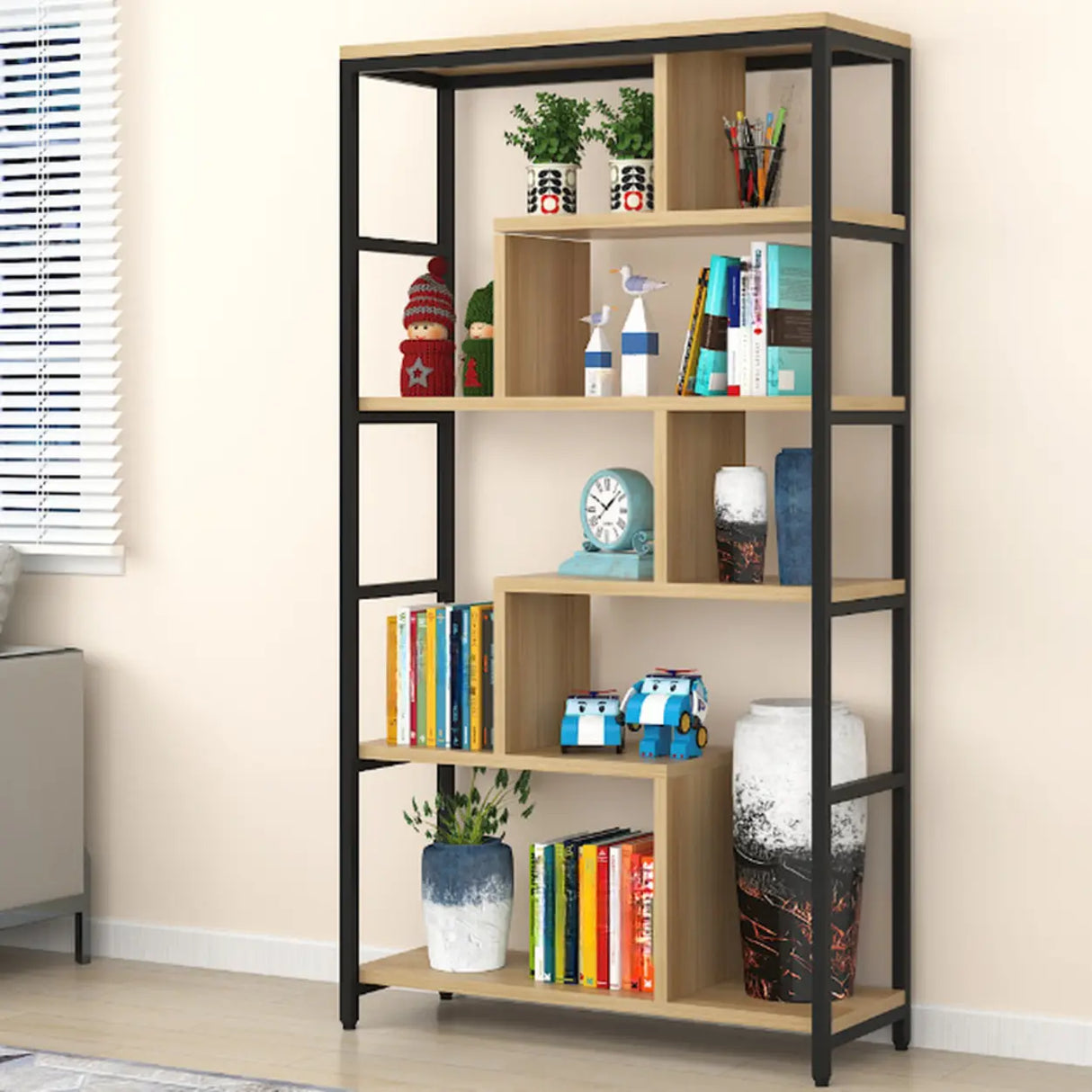 Fashion Metal Frame Open Wood Shelf Display Bookshelf Image - 7
