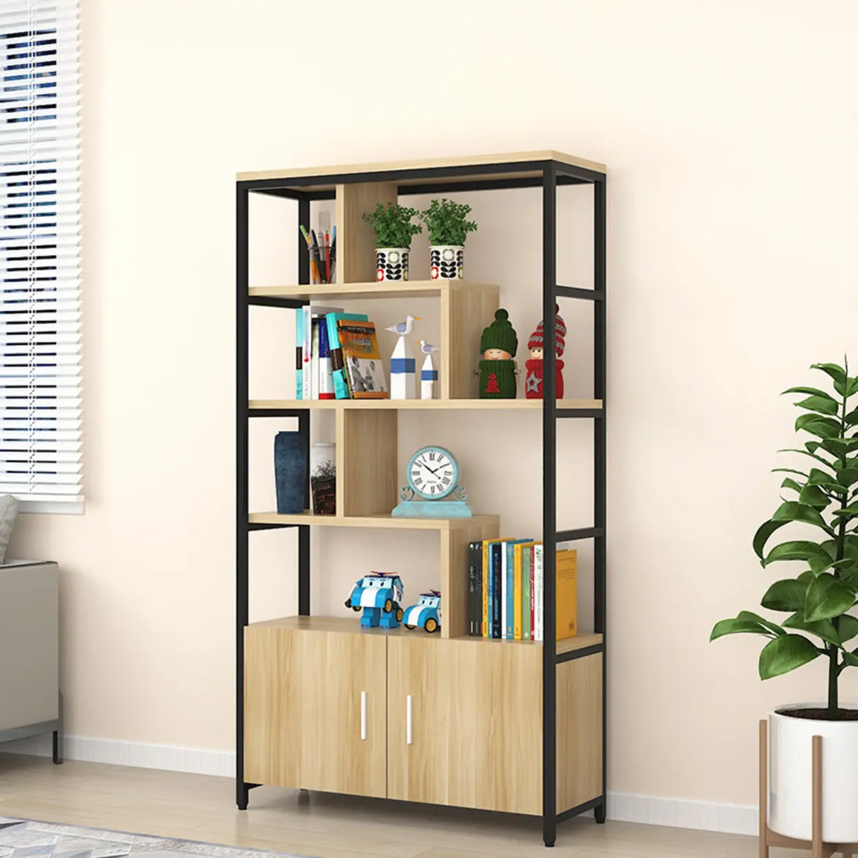 Fashion Metal Frame Open Wood Shelf Display Bookshelf Image - 8