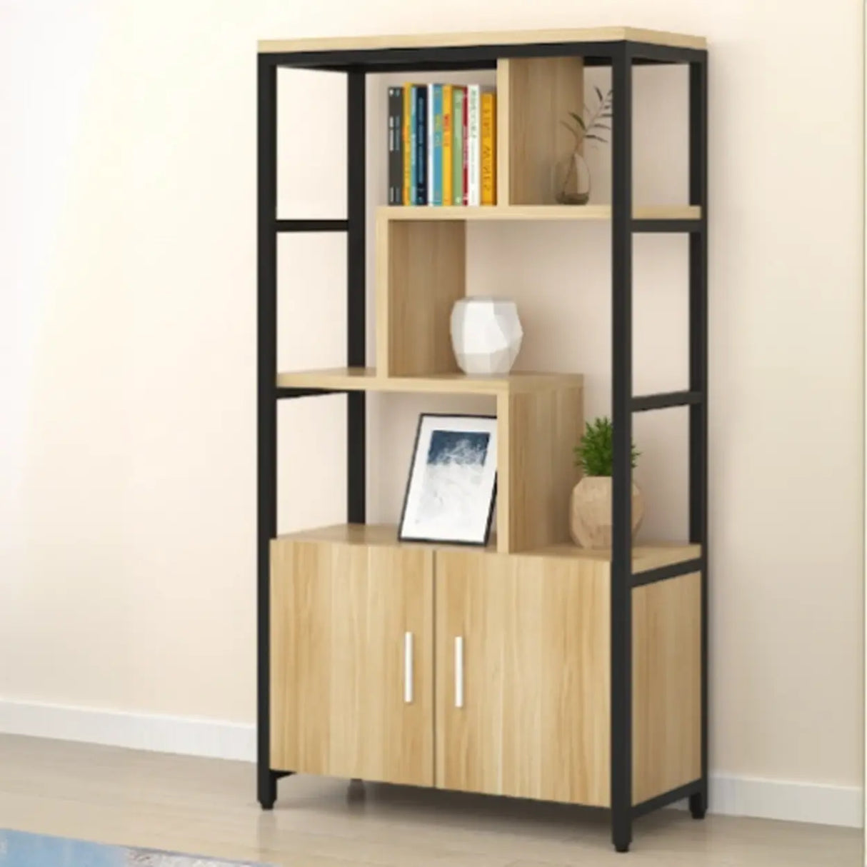 Fashion Metal Frame Open Wood Shelf Display Bookshelf Image - 9