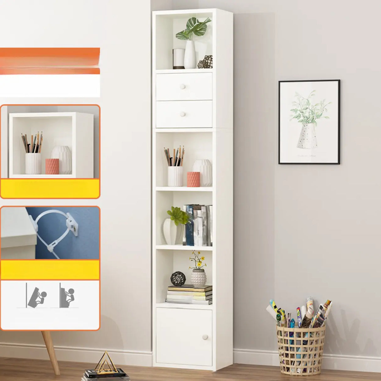 Fashion Rectangular Wood Narrow Storage Bookcase Medium Image - 10