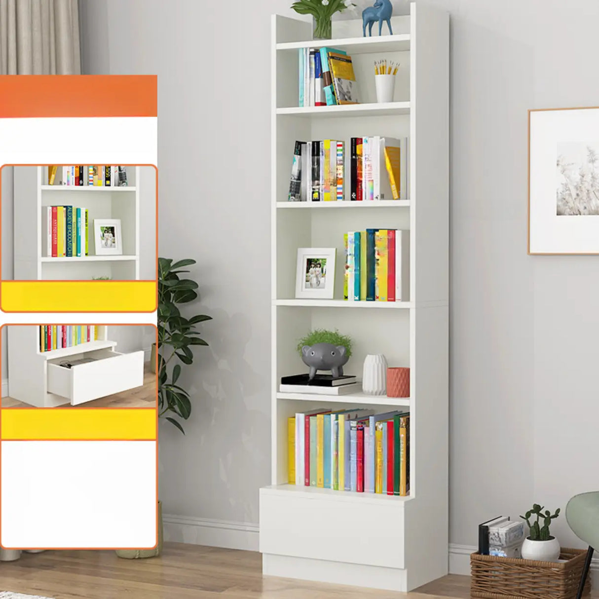 Fashion Rectangular Wood Narrow Storage Bookcase Medium Image - 14