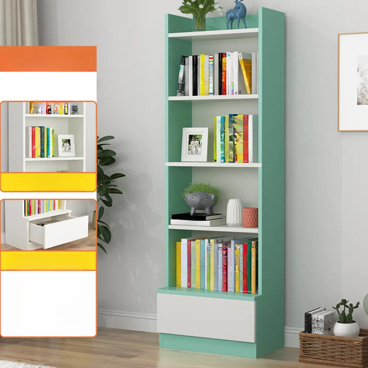 Fashion Rectangular Wood Narrow Storage Bookcase Medium Image - 15
