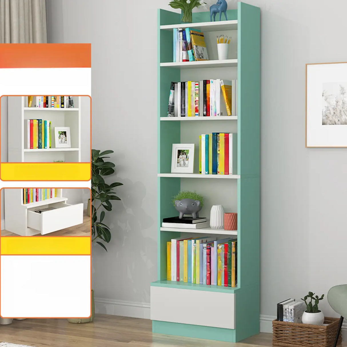 Fashion Rectangular Wood Narrow Storage Bookcase Medium Image - 17