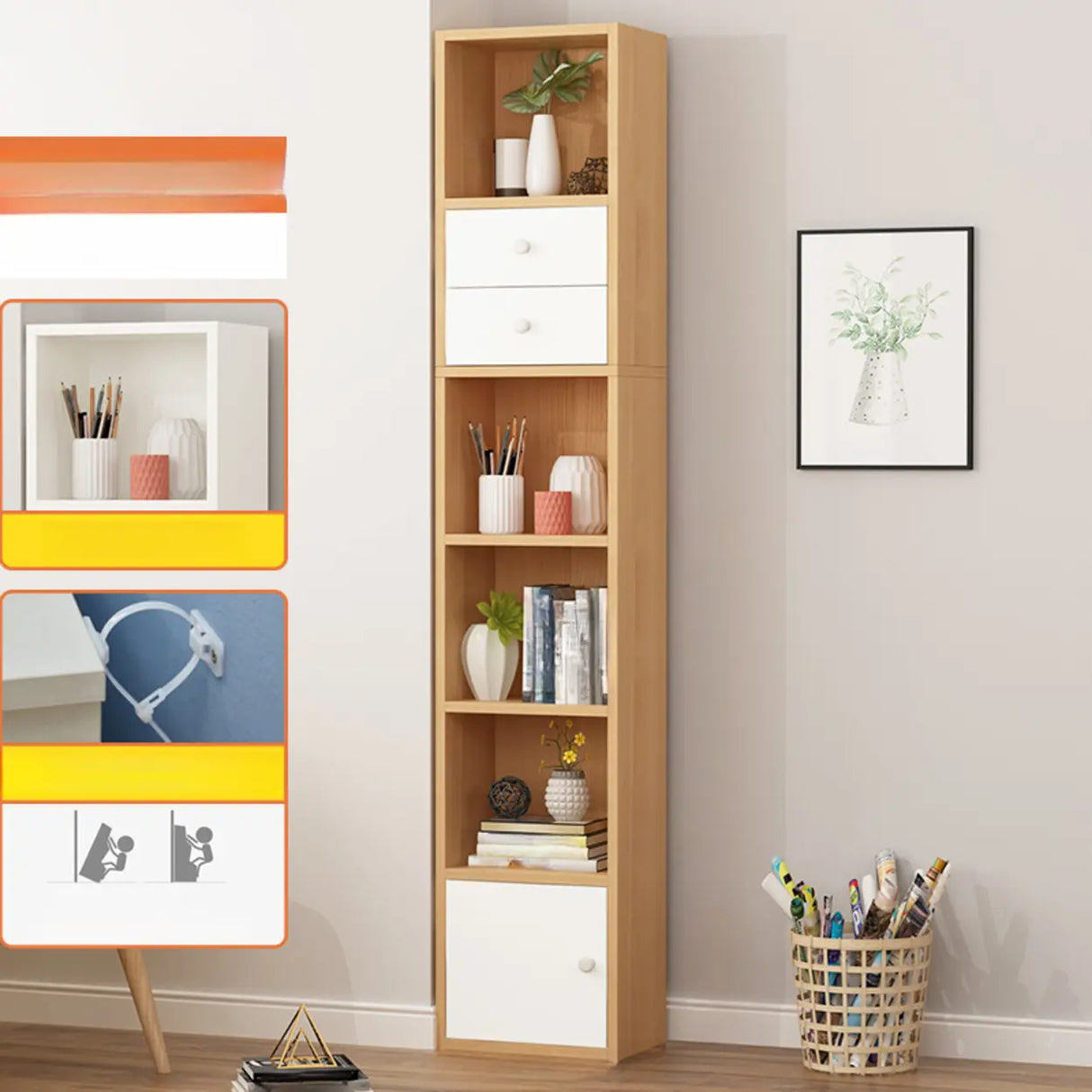 Fashion Rectangular Wood Narrow Storage Bookcase Medium Image - 22