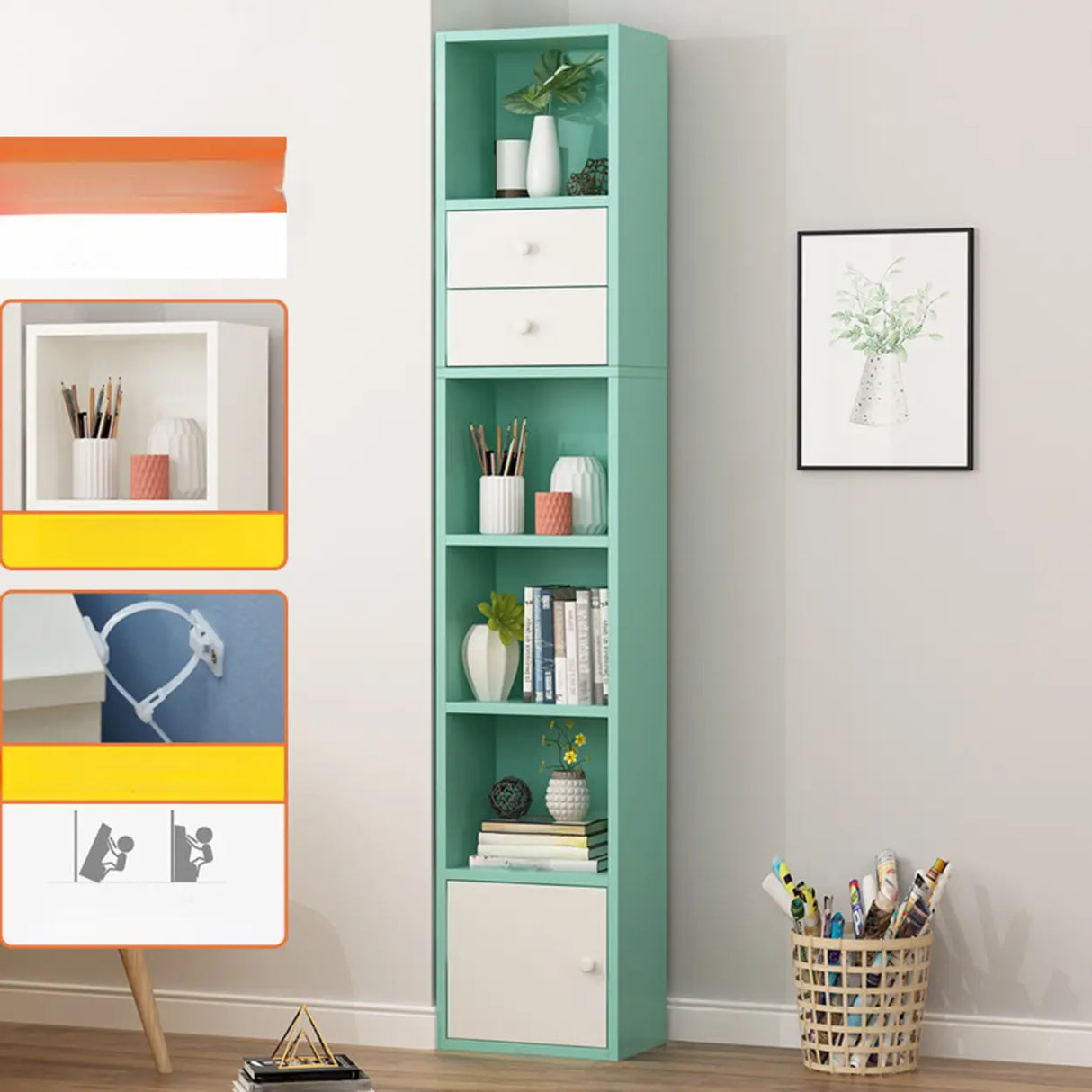 Fashion Rectangular Wood Narrow Storage Bookcase Medium Image - 31