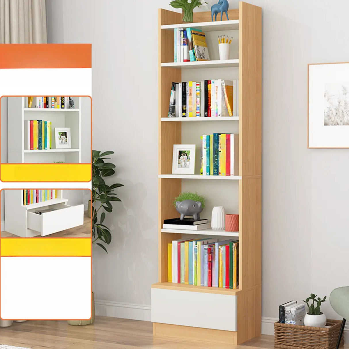 Fashion Rectangular Wood Narrow Storage Bookcase Medium Image - 33