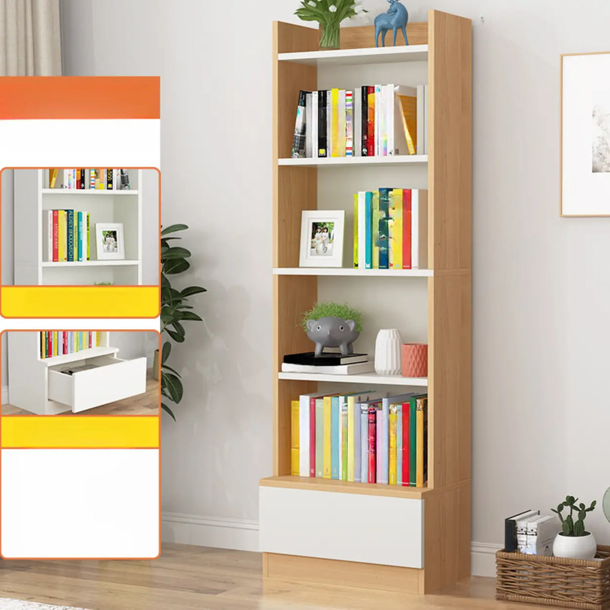 Fashion Rectangular Wood Narrow Storage Bookcase Medium Image - 7