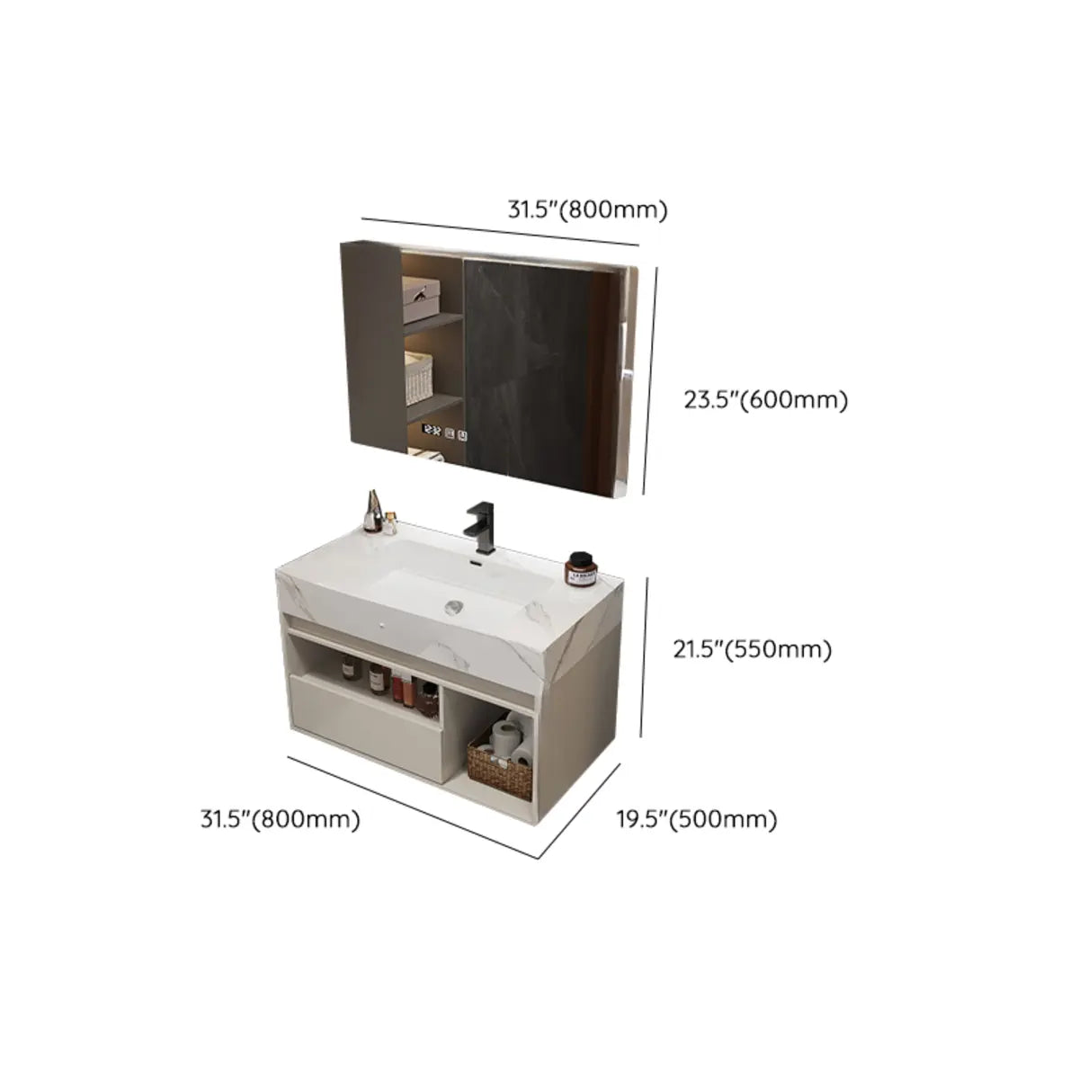 Faucets and Sink Sintered Stone Bathroom Vanity with Mirror Image - 33