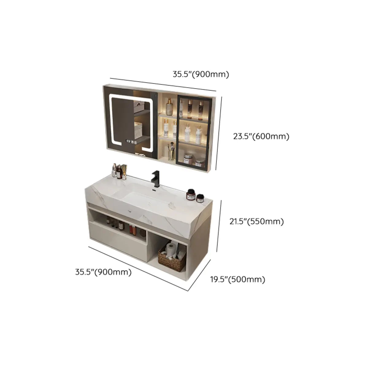 Faucets and Sink Sintered Stone Bathroom Vanity with Mirror Image - 40