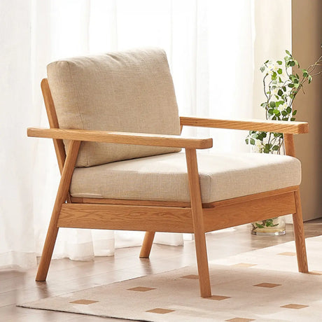 Faux Cotton Linen Loose Back Oak Wood Frame Armchair Image - 1