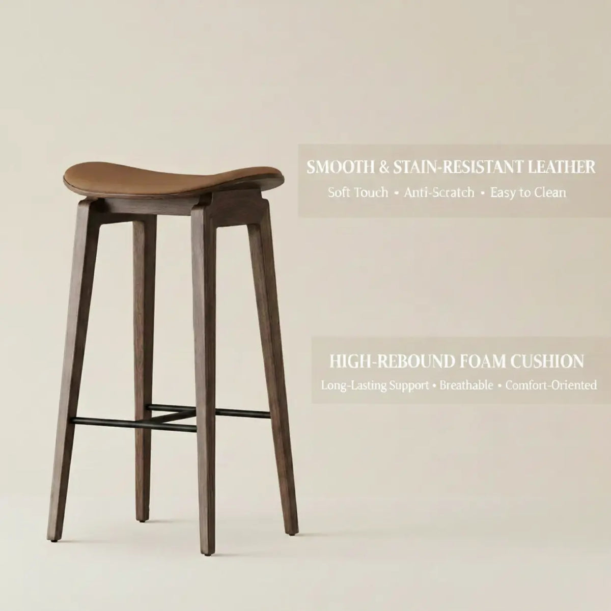 Faux leather counter stool graphic showing stain-resistant upholstery, high-rebound foam cushioning and a wood frame