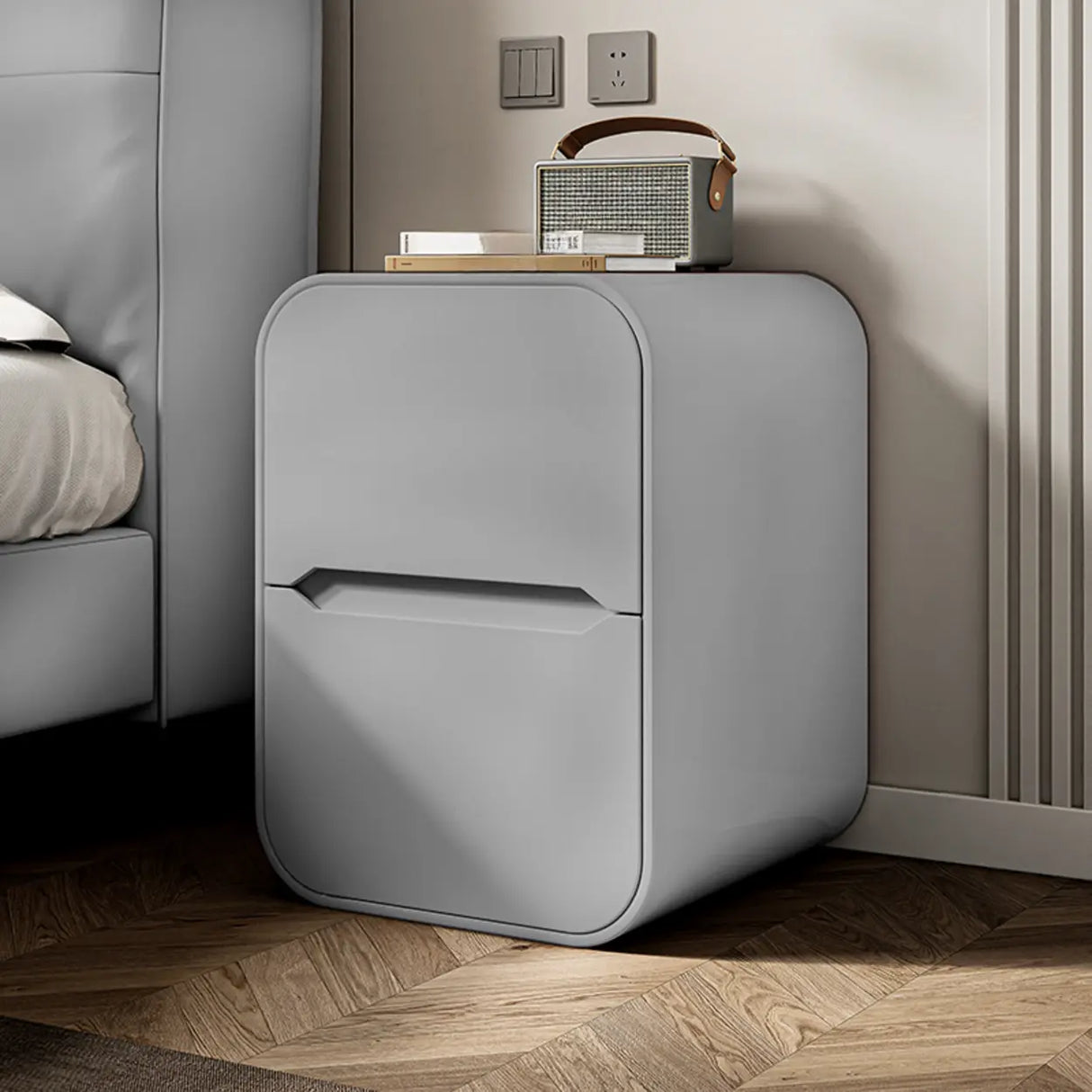 Faux Leather Countertop Wood Nightstand with Drawers Image - 14