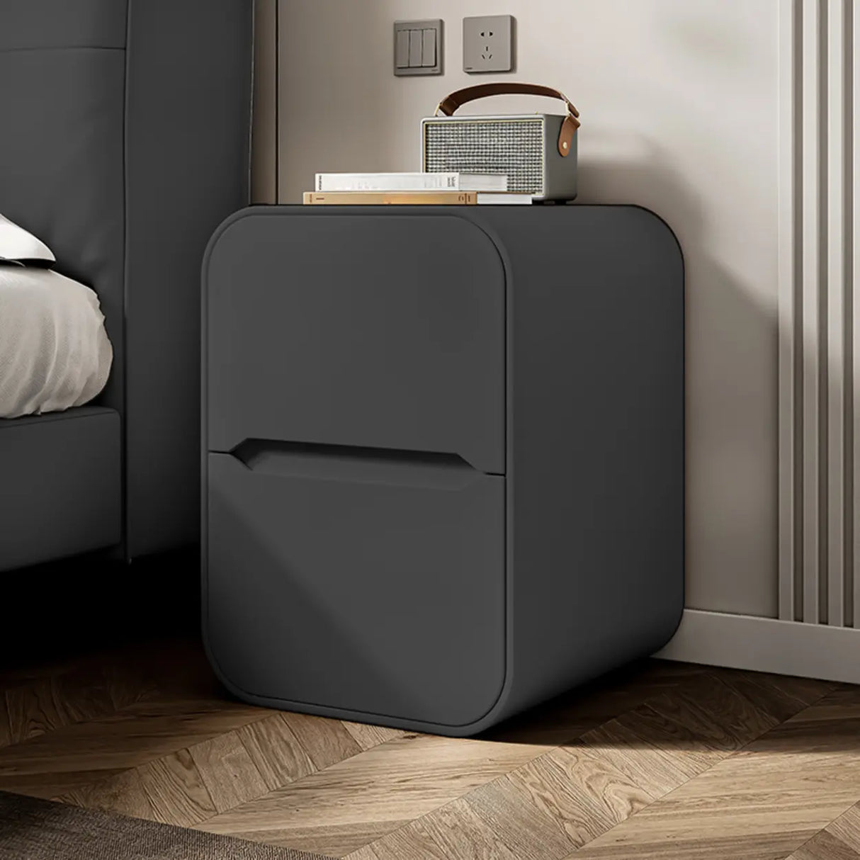 Faux Leather Countertop Wood Nightstand with Drawers Image - 16