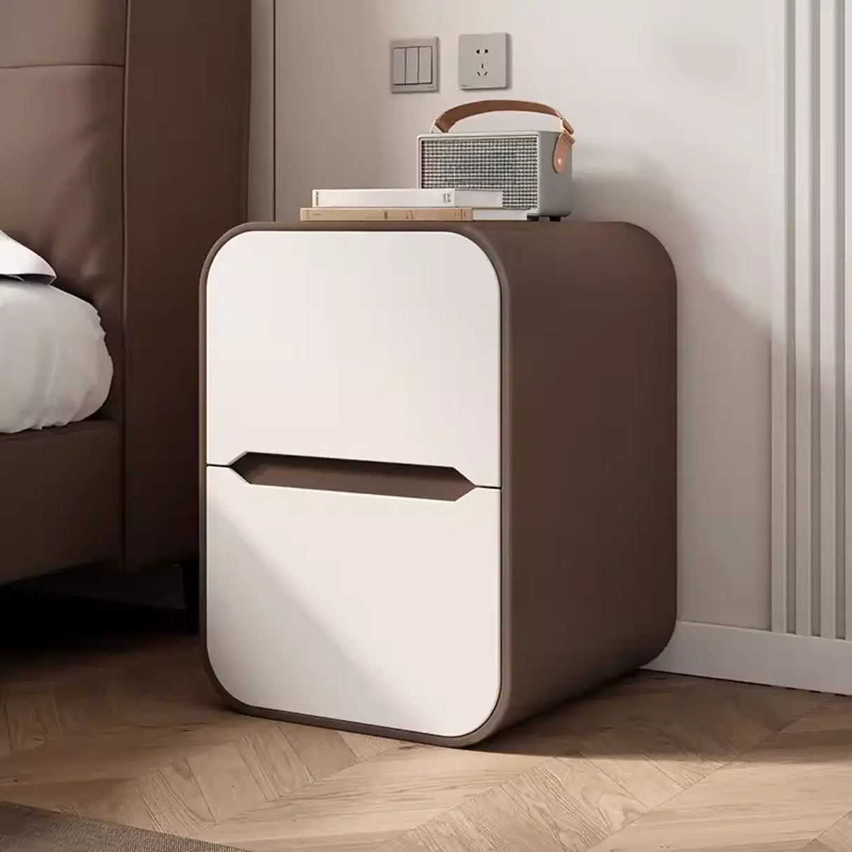 Faux Leather Countertop Wood Nightstand with Drawers Image - 5