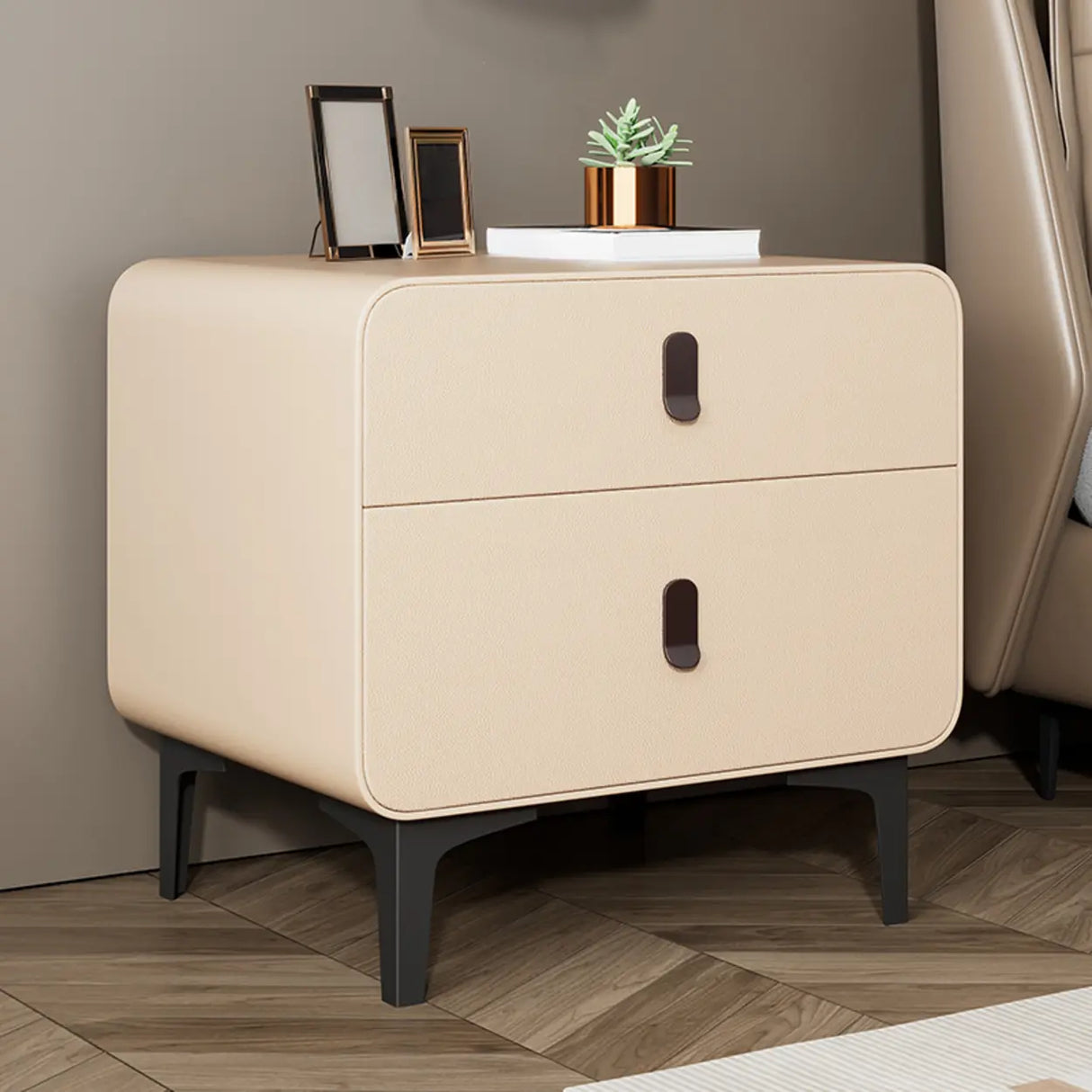 Faux Leather Two Drawers Kids Nightstand with Legs Image - 3