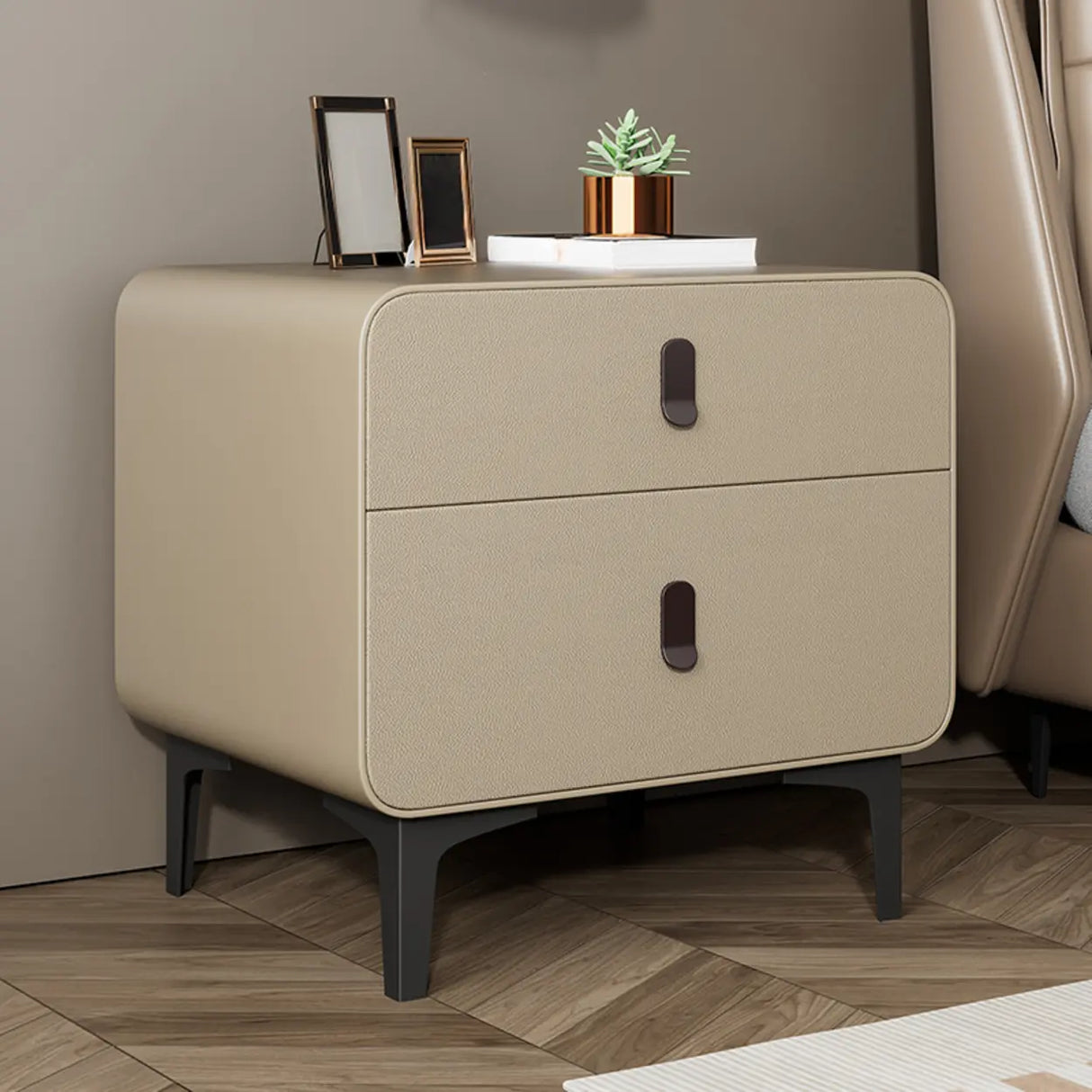 Faux Leather Two Drawers Kids Nightstand with Legs Image - 7