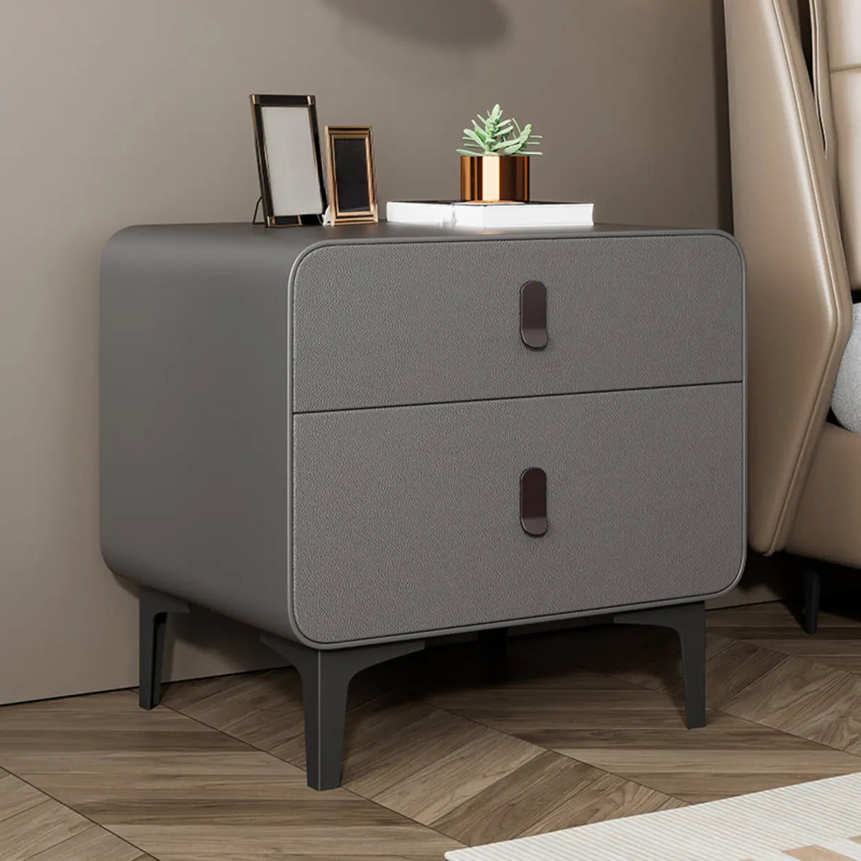 Faux Leather Two Drawers Kids Nightstand with Legs Image - 9
