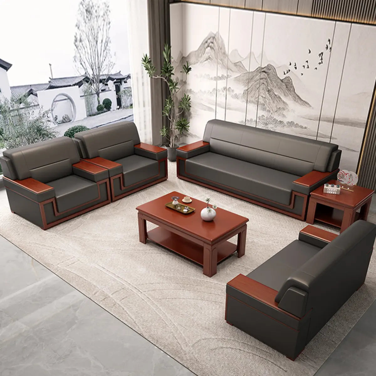 Faux Leather Upholstered Back Red Wood Frame Sofa Set Image - 1