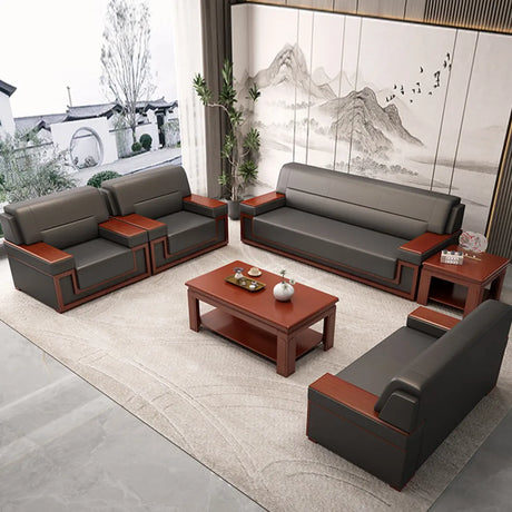 Faux Leather Upholstered Back Red Wood Frame Sofa Set Image - 1