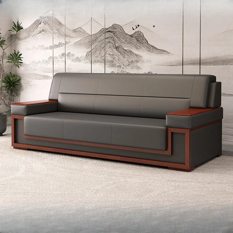 Faux Leather Upholstered Back Red Wood Frame Sofa Set Image - 2