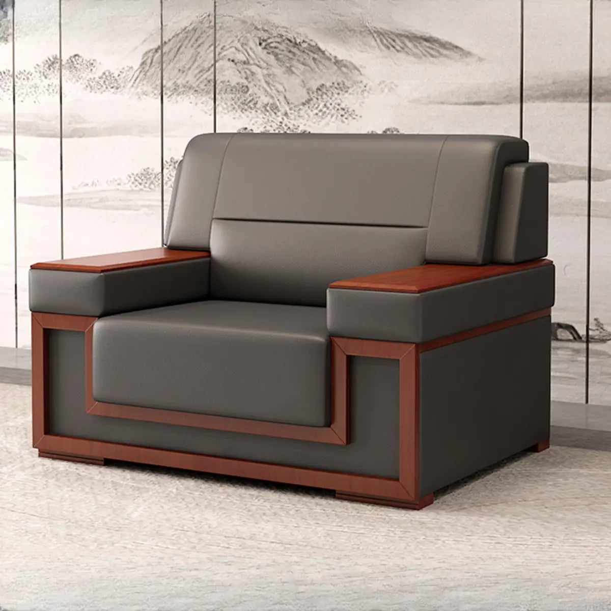 Faux Leather Upholstered Back Red Wood Frame Sofa Set Image - 3