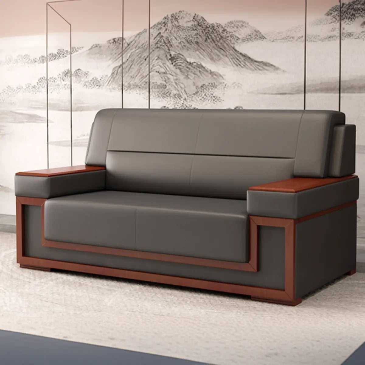 Faux Leather Upholstered Back Red Wood Frame Sofa Set Image - 5