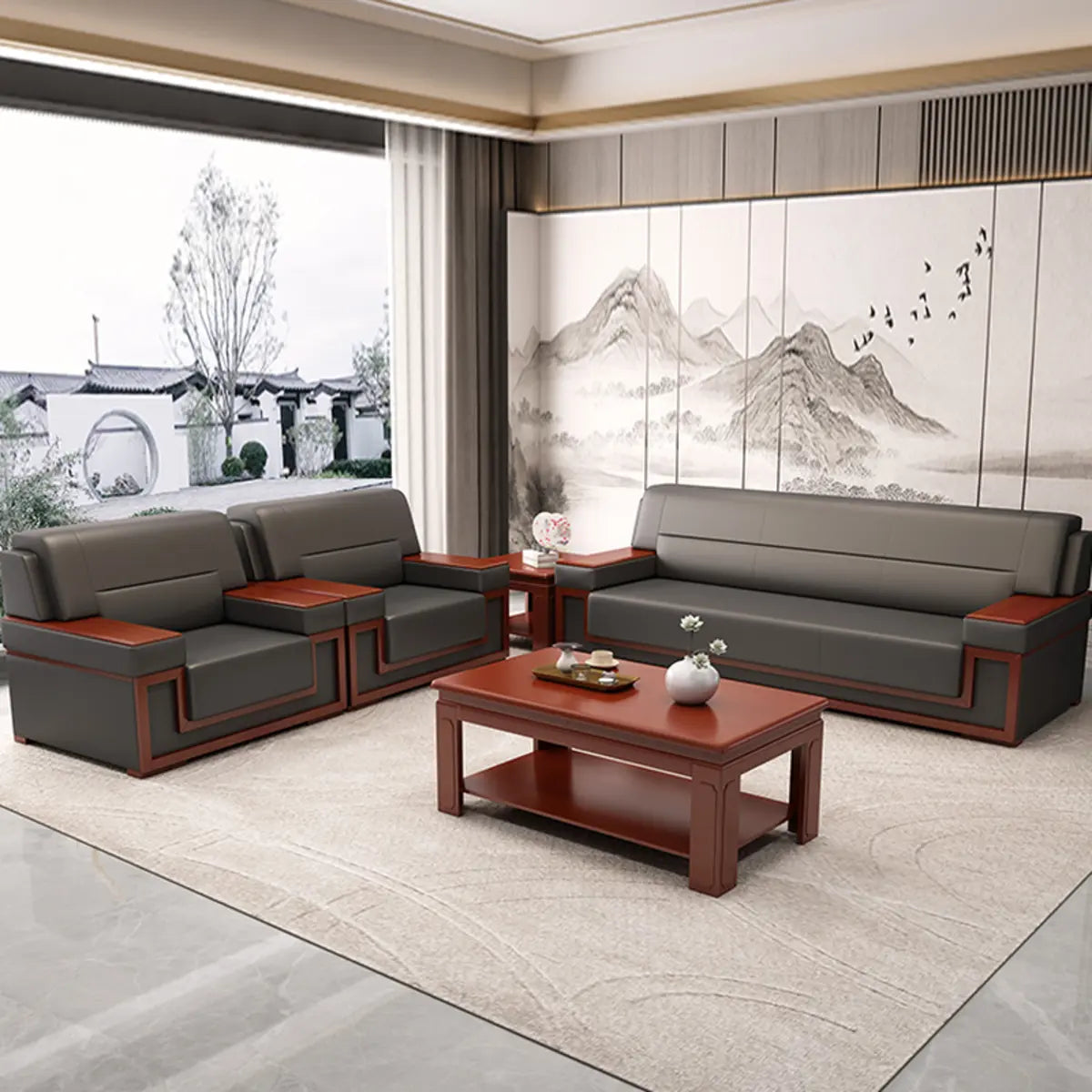 Faux Leather Upholstered Back Red Wood Frame Sofa Set Image - 7