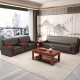 Faux Leather Upholstered Back Red Wood Frame Sofa Set Image - 7