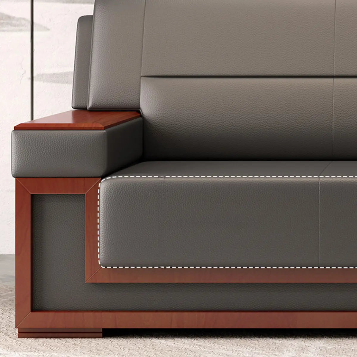 Faux Leather Upholstered Back Red Wood Frame Sofa Set Image - 9