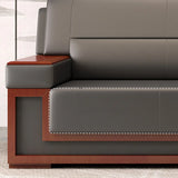 Faux Leather Upholstered Back Red Wood Frame Sofa Set Image - 9