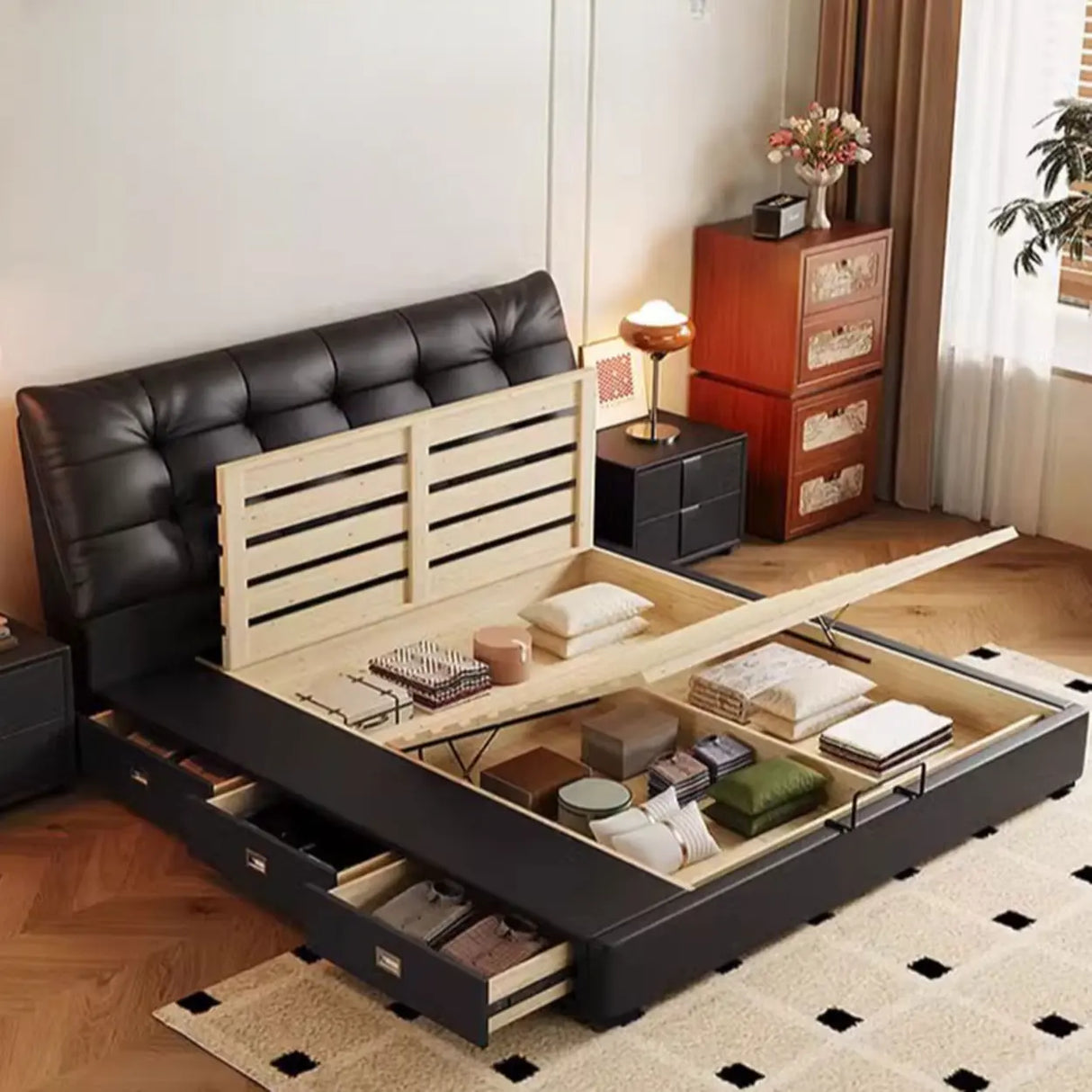 Faux Leather Upholstered Headboard Storage Bed with Mattress Image - 8