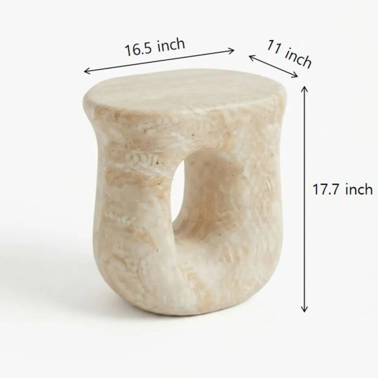Faux travertine stone oval side table dimension diagram showing 16.5-inch length, 11-inch width and 17.7-inch height