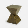 Wood-finish faux stone side table with a twisted geometric pedestal isolated on a white background