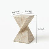 Travertine faux stone side table dimension diagram showing a 12.2 x 12.2 inch top and 18.3 inch height