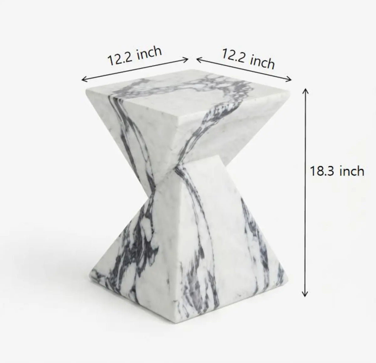 White veined faux stone side table dimension diagram showing a 12.2 x 12.2 inch top and 18.3 inch height