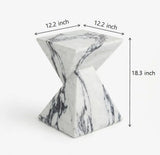 White veined faux stone side table dimension diagram showing a 12.2 x 12.2 inch top and 18.3 inch height