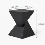Black faux travertine stone side table dimension diagram showing a 12.2 x 12.2 inch top and 18.3 inch height