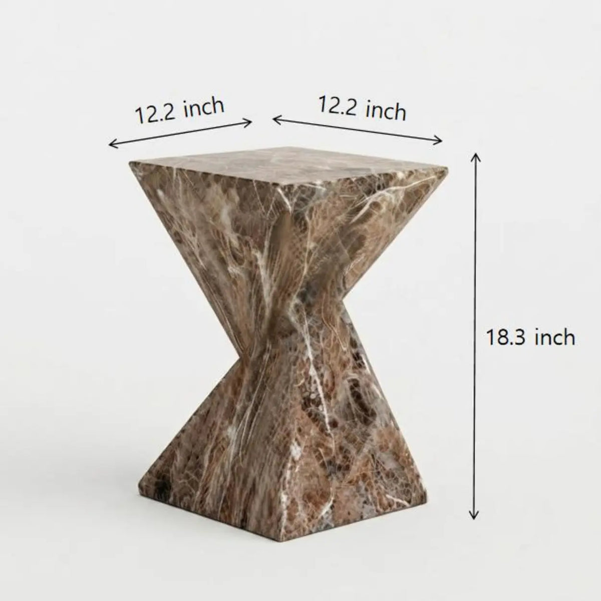 Brown veined faux stone side table dimension diagram showing a 12.2 x 12.2 inch top and 18.3 inch height