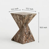 Brown veined faux stone side table dimension diagram showing a 12.2 x 12.2 inch top and 18.3 inch height