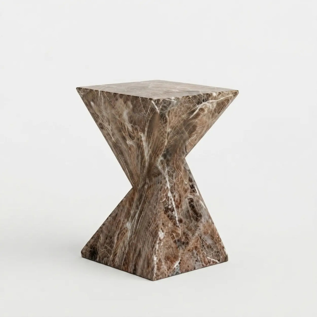 Brown veined faux stone side table with a twisted geometric pedestal isolated on a white background