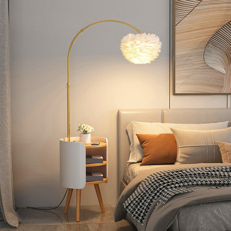 Feather Shade Gold Arched Floor Lamp with Storage Image - 2