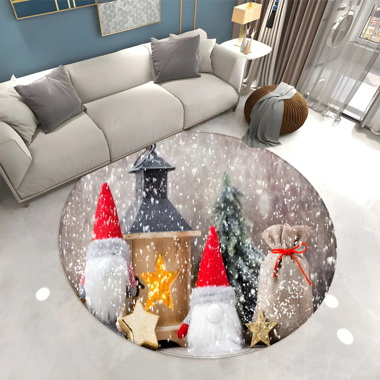 Festive Round Polyester Christmas Red Area Rug Image - 2