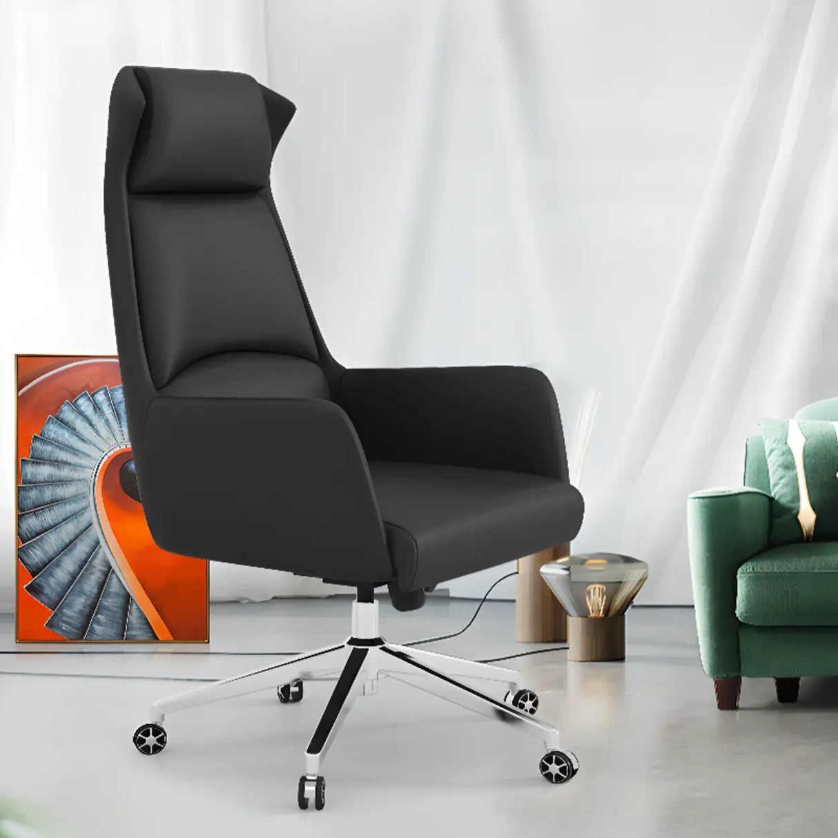 Fixed Arm Black Adjustable Ergonomic Leather Office Chair Image - 14