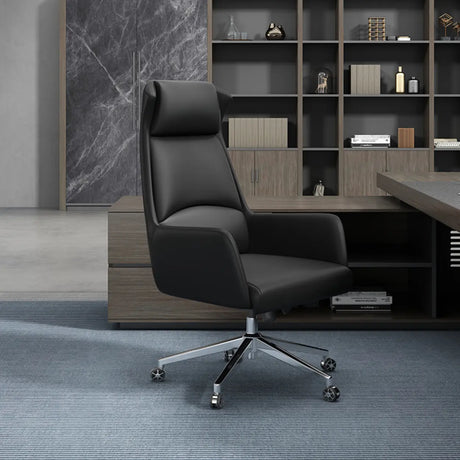 Fixed Arm Black Adjustable Ergonomic Leather Office Chair Image - 2